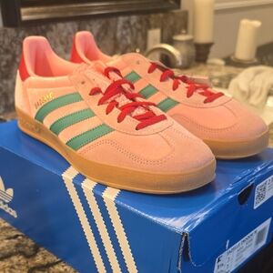 Adidas Womens Pink and Green Sneakers with Red Accents